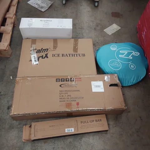PALLET OF ASSORTED ITEMS INCLUDING: NATTORK SCOOTER, ICE BATH TUB, 2 LIGHT WALL LAMP, POP-UP TENT, PULL-UP BAR ECT