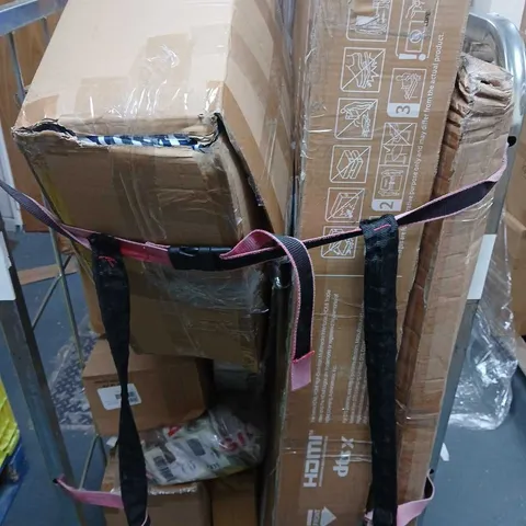 APPROXIMATELY 10 ASSORTED ITEMS TO INCLUDE HISENSE TELEVISION (DAMAGED), LARGE WINDOW PANE MIRROR (DAMAGED), COOK ESSENTIALS MUG WARMERS, ETC - COLLECTION ONLY