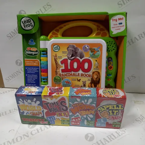3 ASSORTED PRODUCTS TO INCLUDE; LEAP FROG 100 ANIMAL BOOKS, WATER SPRAY AND VARIETY SNAPS