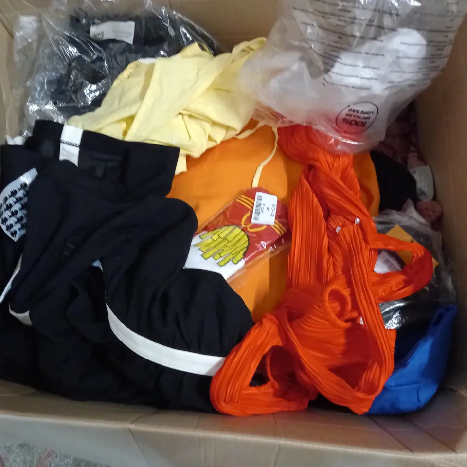  BOX OF ASSORTED CLOTHING ITEMS TOO INCLUDE DRESSES , SHIRTS AND TROUSERS IN VARIOUS SIZES AND COLOURS   
