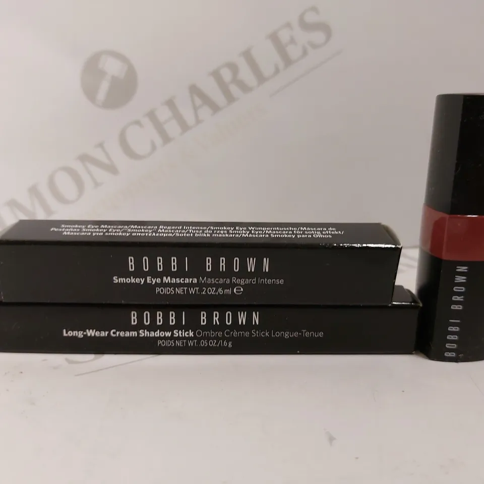 3 BOBBI BROWN ITEMS TO INCLUDE SMOKEY EYE MASCARA, LONG WEAR CREAM SHADOW STICK AND LIPSTICK
