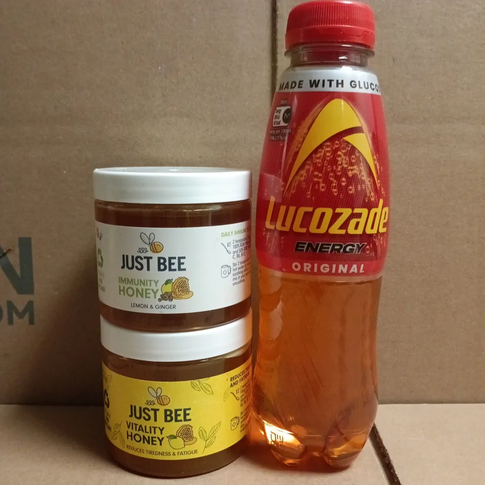 APPROXIMATELY 8 ASSORTED FOOD AND DRINK ITEMS TO INCLUDE LUCOZADE, HONEY, ETC