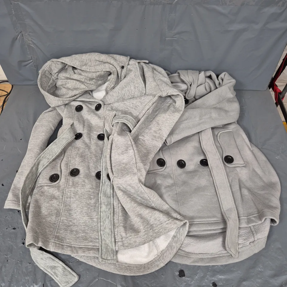 BOX OF APPROXIMATELY 10 BELTED COATS IN LIGHT GREY SIZE S - COLLECTION ONLY