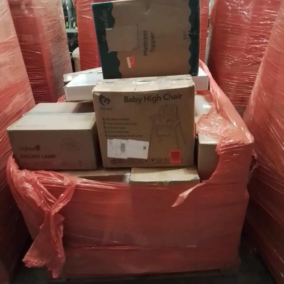 PALLET CONTAINING VARIOUS ASSORTED BOXED HOUSEHOLD ITEMS TO INCLUDE: MATTRESS TOPPER,  ELECTRIC FRYER, BABY HIGH CHAR, CEILING LIGHT  AND LOTS MORE UNMARKED BOXED ITEMS 