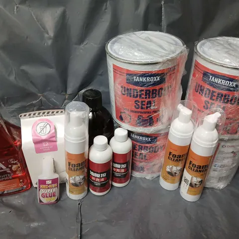 APPROXIMATELY 10 ASSORTED HOUSEHOLD ITEMS TO INCLUDE TANKROXX UNDERBODY SEAL, FOAM CLEANER, SUPER GLUE, ETC - COLLECTION ONLY