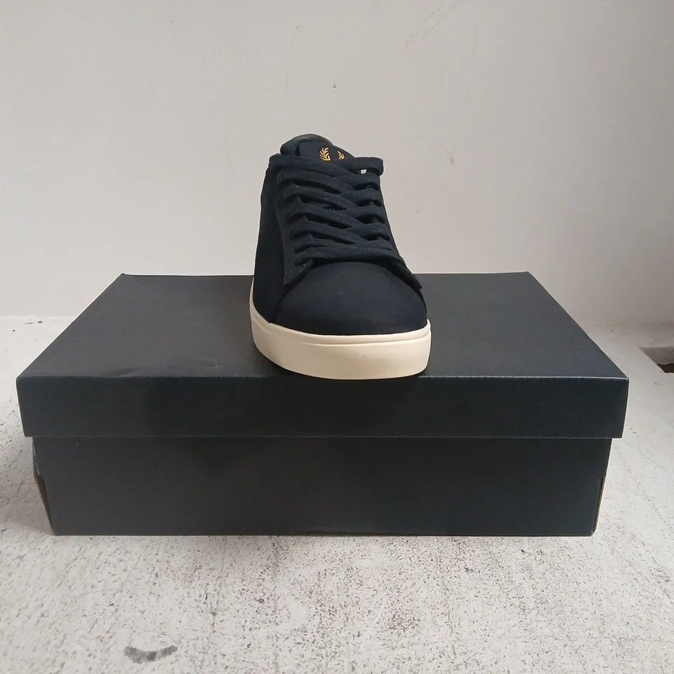 BOXED PAIR OF FRED PERRY SHOES IN NAVY SIZE UK 8