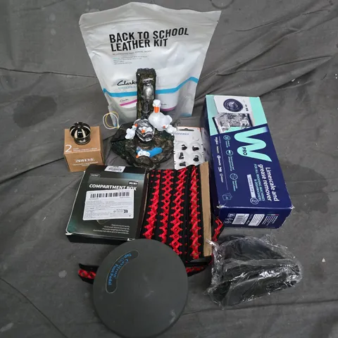 APPROXIMATELY 14 ASSORTED HOUSEHOLD ITEMS TO INCLUDE BACK TO SCHOOL LEATHER KIT, ZARAHOME DOOR KNOBS, CAVITRON TAP-ON FOOT PEDAL, ETC
