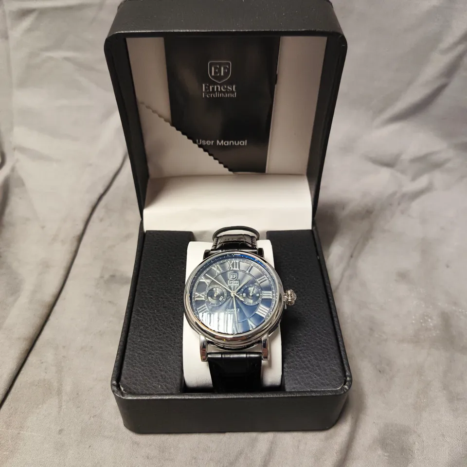ERNEST FERDINAND WATCH – FUNCTIONING SUB DIALS – LEATHER STRAP –  BLACK FACE DIAL WITH BLUE HUE