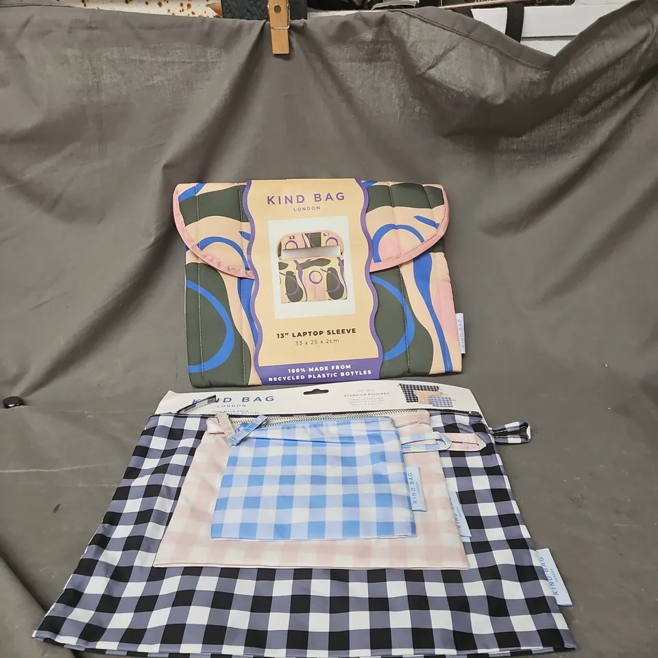 2 X KIND BAG LONDON ITEMS: 13" LAPTOP SLEEVE + SET OF 3 STAND UP POUCHES