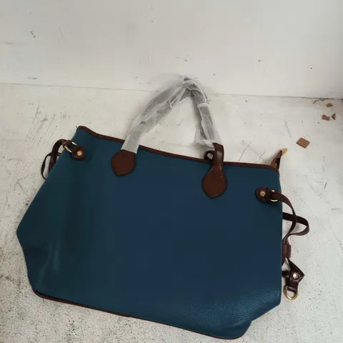 BLUE PEBBLE-GRAIN TOTE BAG WITH BROWN LEATHER TRIM