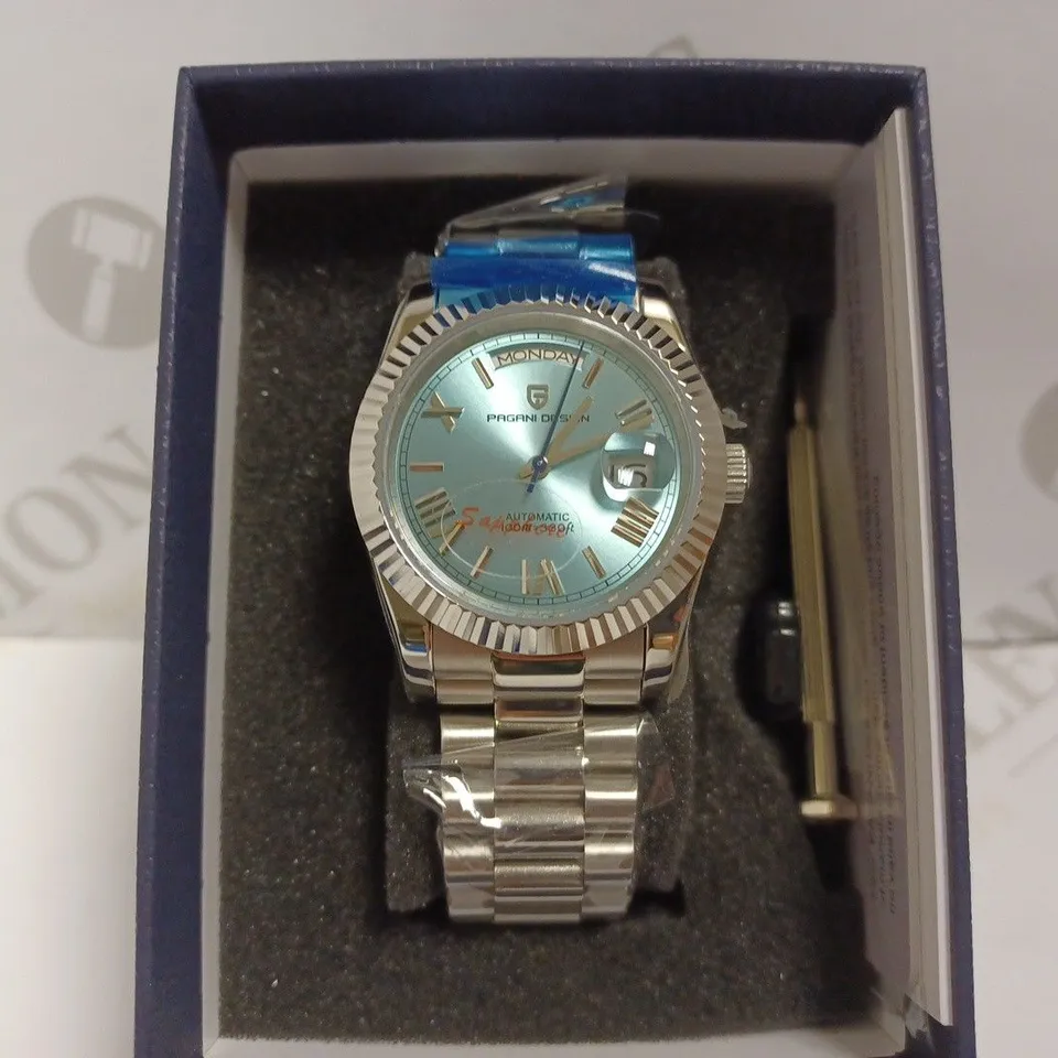 PAGANI DESIGN SILVER WATCH WITH TEAL FACE AND BRACELET STRAP 
