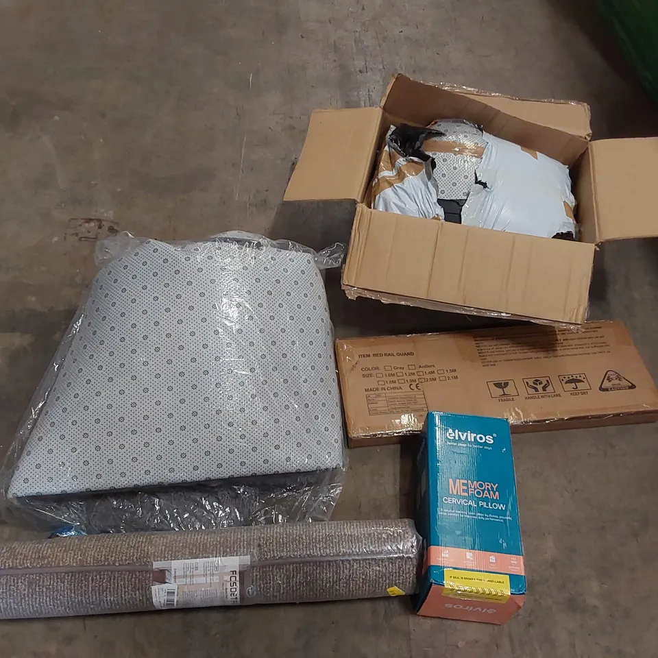 PALLET OF ASSORTED ITEMS INCLUDING: LARGE RUGS, BED RAIL GUARD, MEMORY FOAM CERVICAL PILLOW ECT