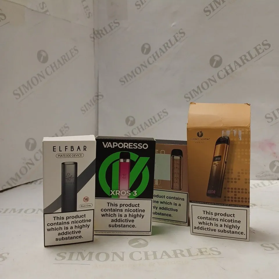 BOX OF APPROX 10 ITEMS TO INCLUDE ELFBAR MATE500, VAPORESSO XROS 3, LOST VAPE QUEST. 