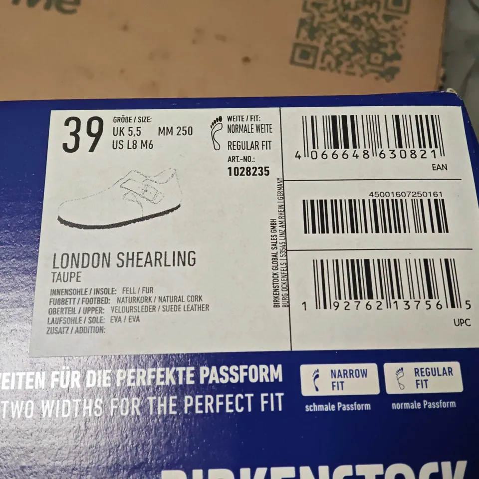 BOXED BIRKENSTOCK LONDON SHEARLING TAUPE SLIPPERS – UK 5.5 (EU 39)