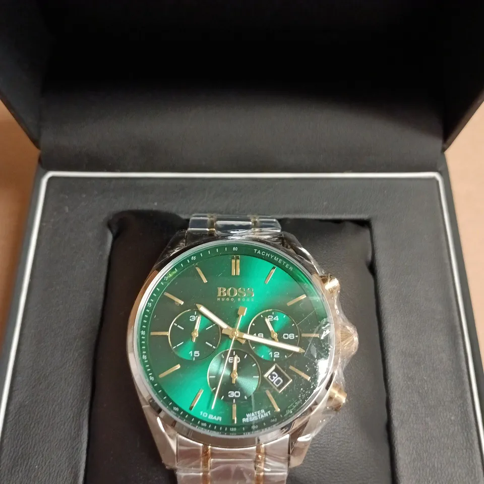 BOXED HUGO BOSS WATCH – GREEN DIAL, CHRONOGRAPH, TWO-TONE STAINLESS STEEL