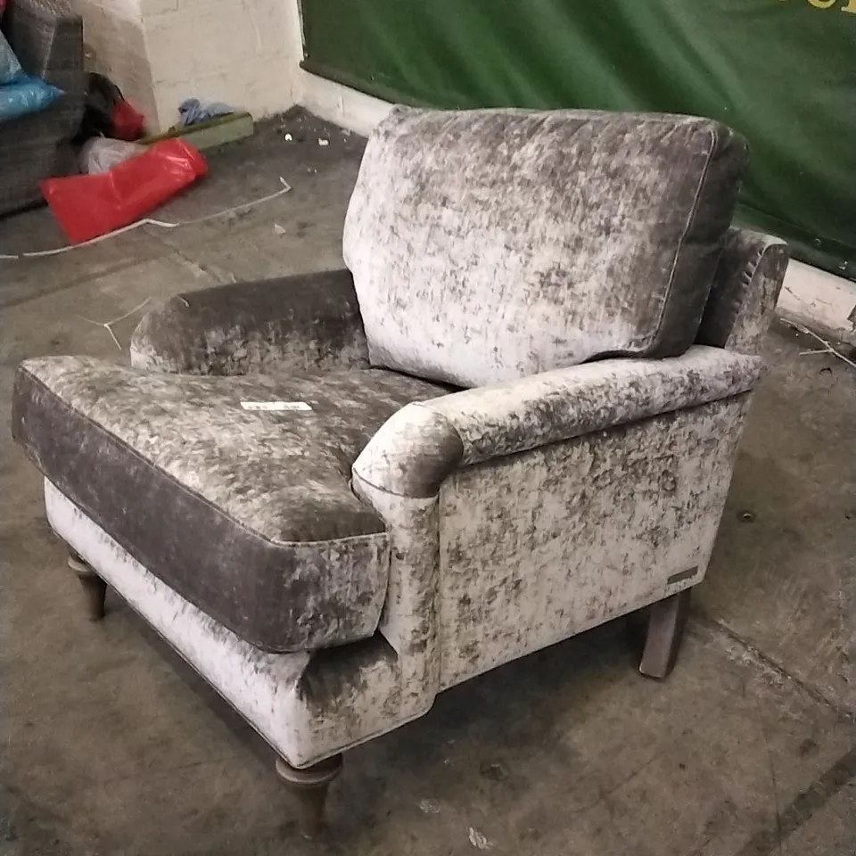 QUALITY DESIGNER LOUNGE CO ARMCHAIR IN SILVER CRUSHED VELVET