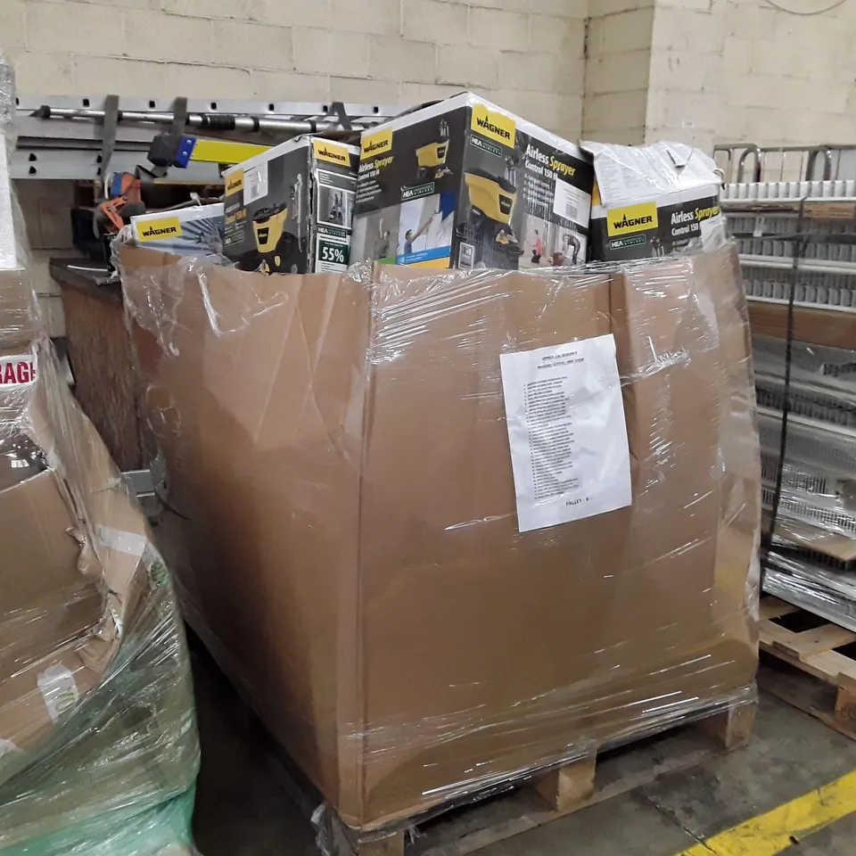 PALLET OF ASSORTED DESIGNER BRANDED GOODS INCLUDING: AIRLESS SPRAYERS, WALLPAPER STEAMERS, PAINT SPRAYERS ECT