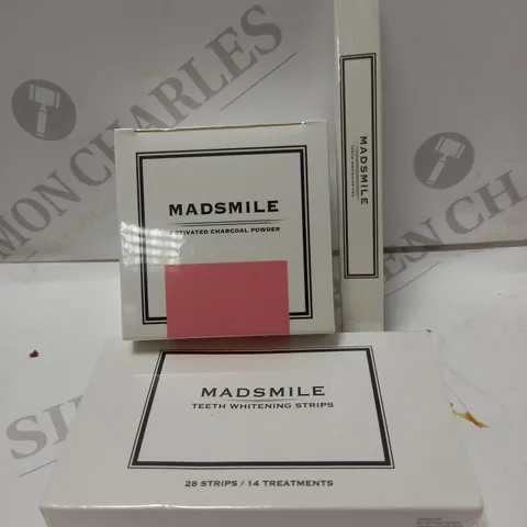 LOT OF 3 MADSMILE PRODUCTS TO INCLUDE ACTIVATED CHARCOAL POWDER, TEETH WHITENING STRIPS, TEETH WHITENING PEN