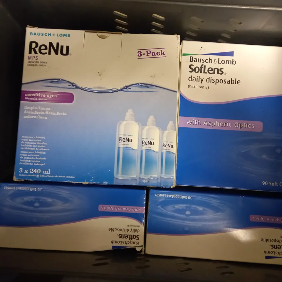 APPROXIMATELY 7 ASSORTED BAUSCH & LOMB EYECARE PRODUCTS TO INCLUDE RENU MULTI-PURPOSE CONTACT LENS SOLUTION, SOFTLENS DISPOSABLE CONTACT LENS 