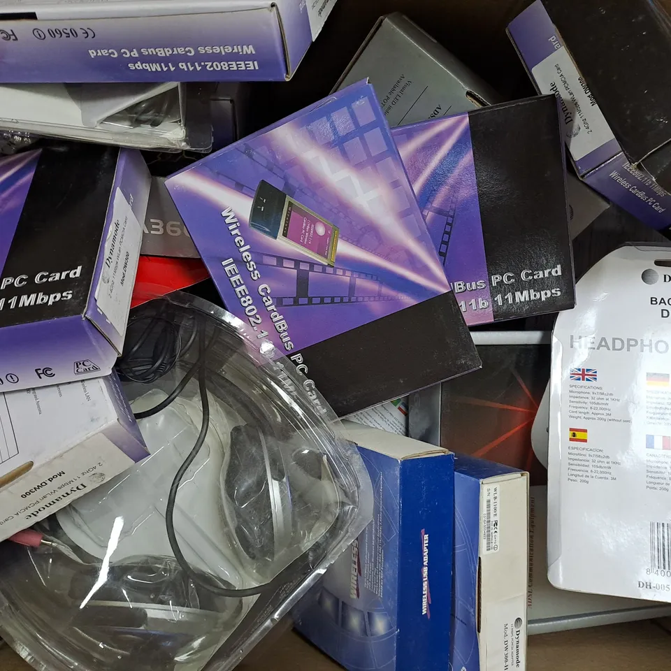 BOX OF APPROXIMATELY 20 ASSORTED ELECTRICAL ITEMS TO INCLUDE HEADPHONES, WEB CAMS, ETC - COLLECTION ONLY