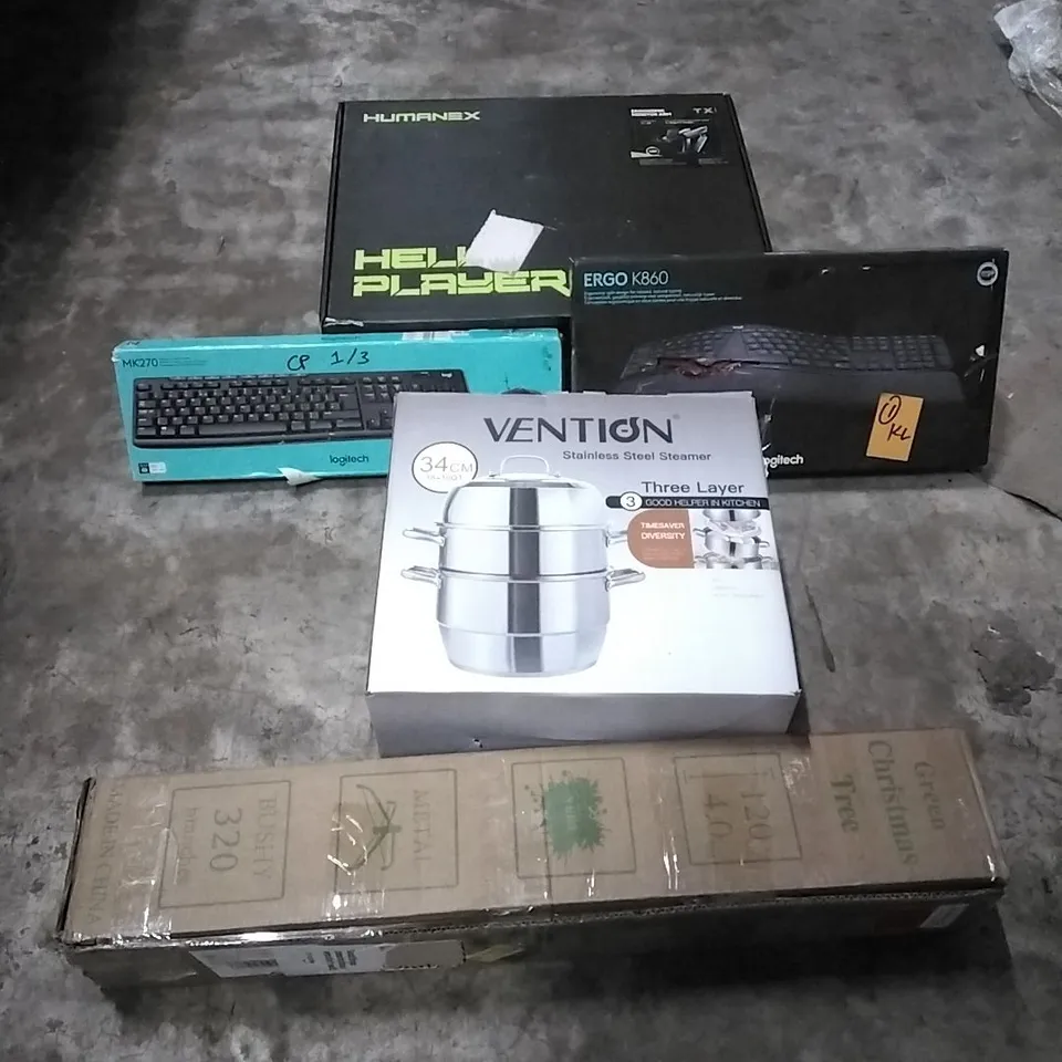 PALLET OF HOUSEHOLD ITEMS TO INCLUDE KEYBOARDS, CHRISTMAS TREE,  STAINLESS STEEL STEAMER,  ERGONOMIC MONITOR ARM AND OTHER ASSORTED ITEMS...