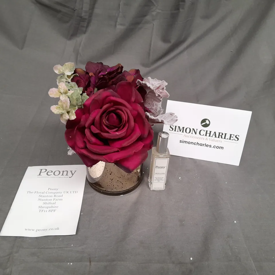 PEONY FAUX FLOWER ARRANGEMENT WITH VASE AND ROON SCENT SPRAY