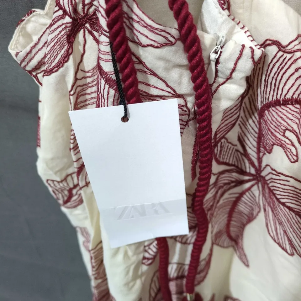 ZARA WOMEN'S CREAM MAXI DRESS WITH RED LEAF PRINT AND ROPE STRAPS SIZE M 