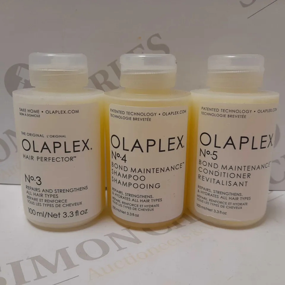 LOT OF 3 ASSORTED OLAPEX PRODUCTS TO INCLUDE NO.3 HAIR PERFECTOR 100ML, NO.4 BOND MAINTAINANCE SHAMPOO 100ML & NO.5 BOND MAINTAINANCE CONDITIONER 100ML