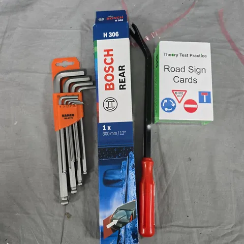 BOX OF ASSORTED ITEMS TO INCLUDE - TOOLS - BOSH WIPER BLADE - ROAD SIGN CARD 