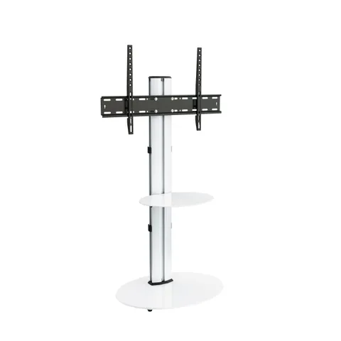 BOXED MAHARA HOME – OVAL PEDESTAL TV STAND – SILVER COLUMN / WHITE GLASS BASE AND SHELF (1 BOX)