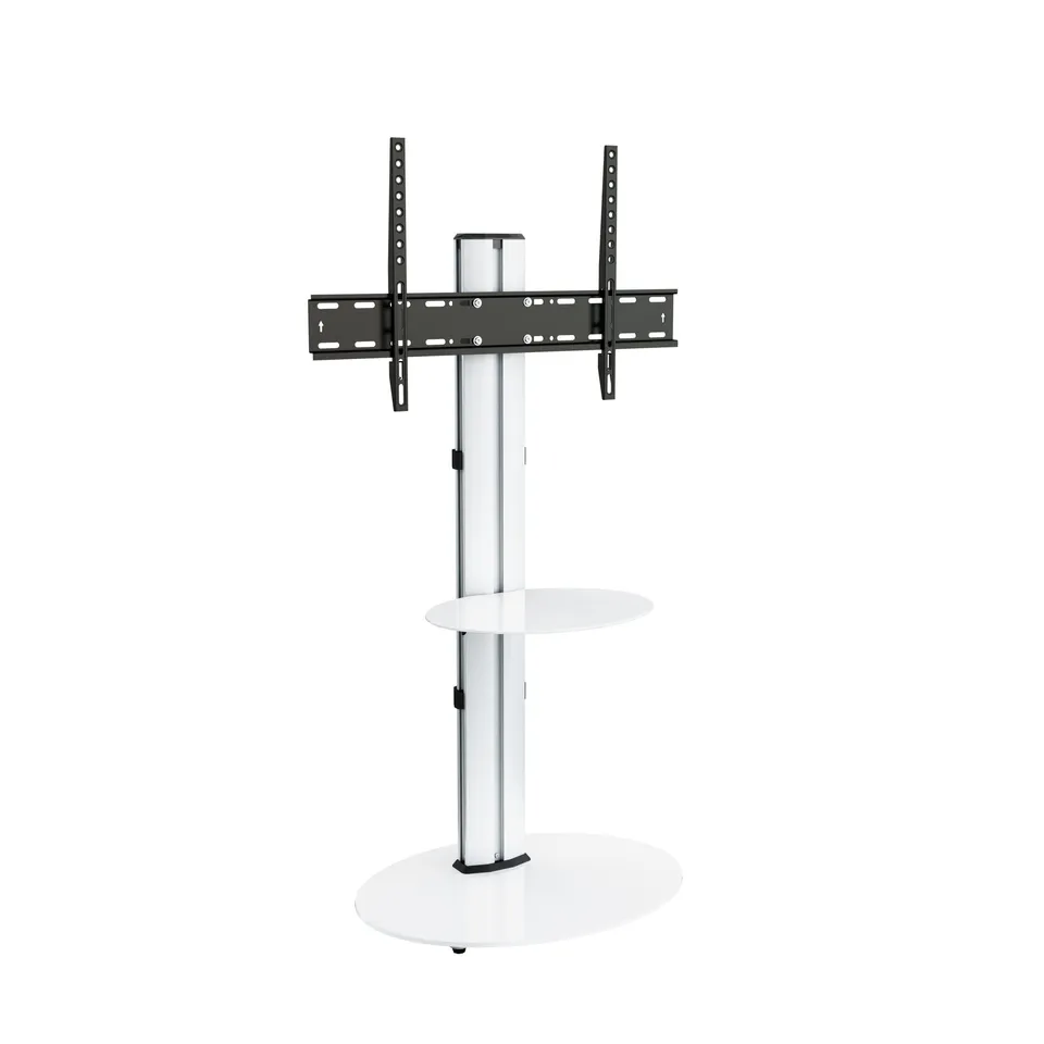 BOXED MAHARA HOME – OVAL PEDESTAL TV STAND – SILVER COLUMN / WHITE GLASS BASE AND SHELF (1 BOX)