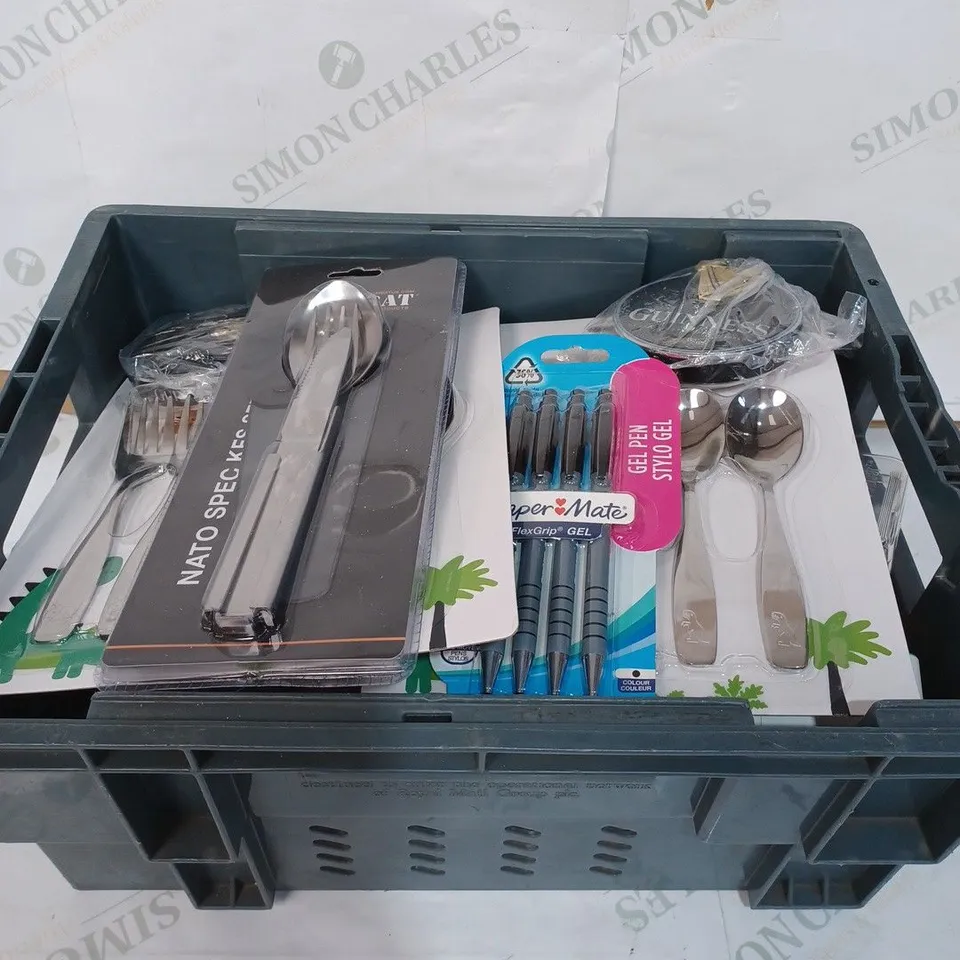 BOX TO CONTAIN APPROXIMATELY 30 ASSORTED HOUSEHOLD PRODUCTS, INCLUDES SEVERAL CUTLERY SETS, PLUMBING PARTS AND PENS ETC 
