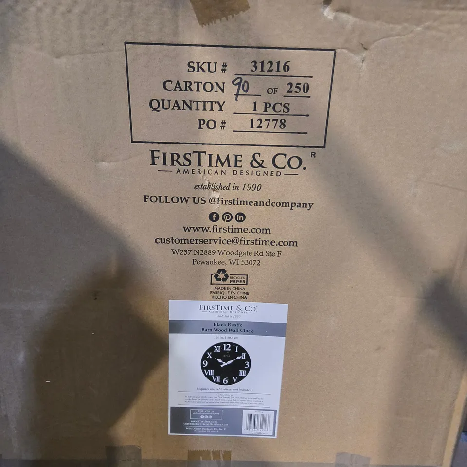BOXED BLACK RUSTIC BARN WOOD WALL CLOCK
