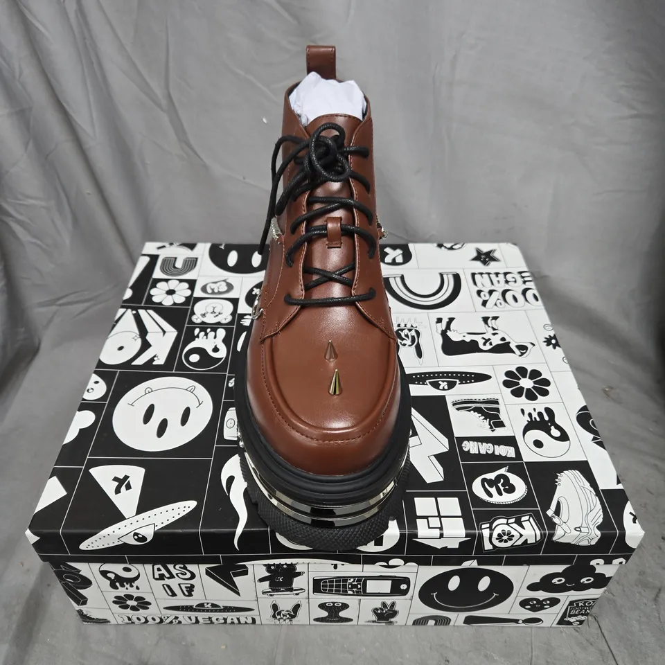 BOXED PAIR OF KOI THE SILENCE PLATFORM GRUNGE BOOTS IN BROWN - UK 7