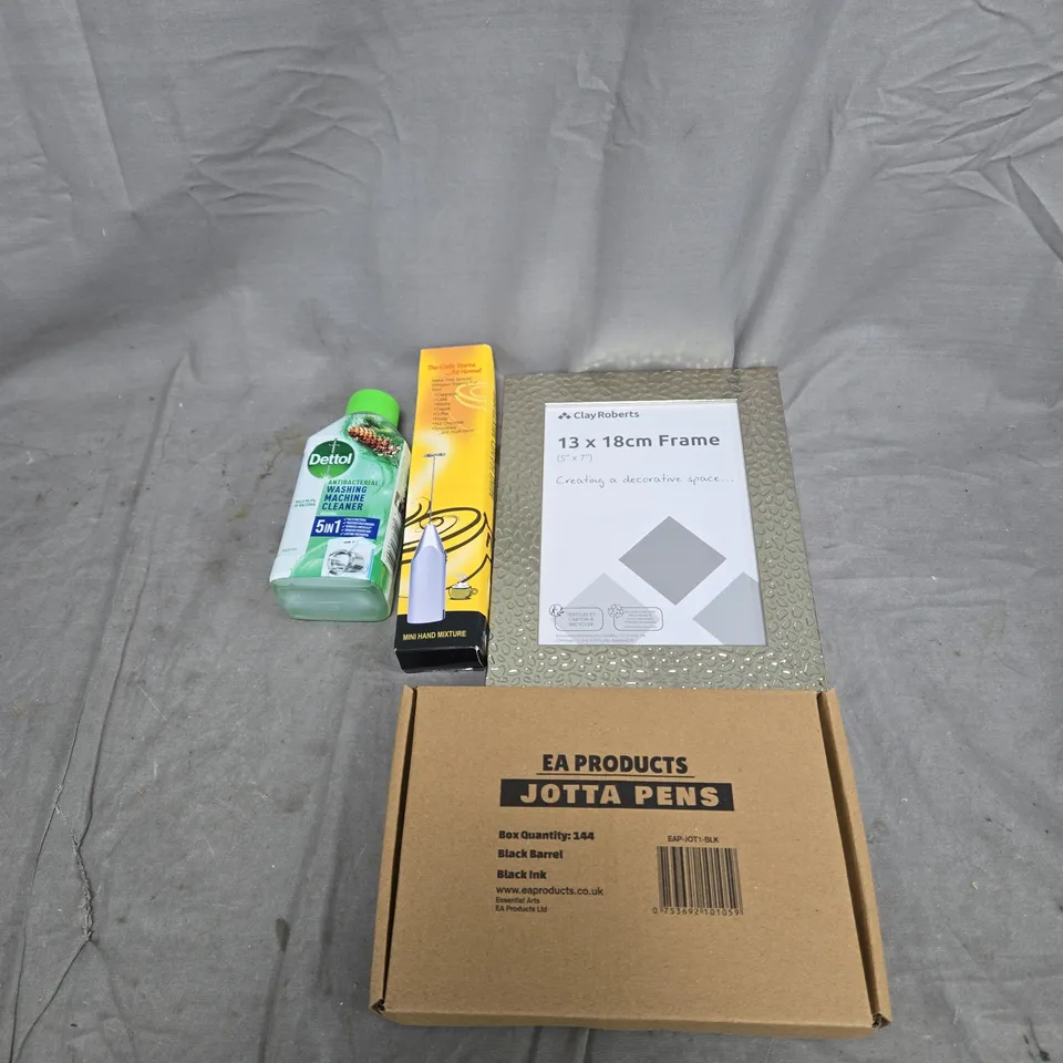 APPROXIMATELY 12 ASSORTED HOUSEHOLD ITEMS TO INCLUDE MINI HAND MIXTURE, FRAME, DETTOL, PENS ETC