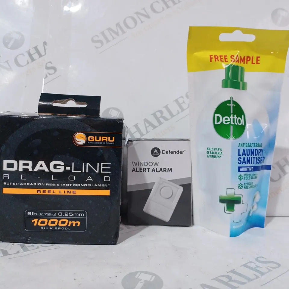 APPROXIMATELY 10 ASSORTED HOUSEHOLD ITEMS TO INLUDE DETTOL LAUNDRY SANITISER ADDITIVE, WINDOW ALERT ALARM, DRAG-LINE REEL LINE, ETC