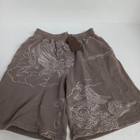 ED HARDY MEN'S BATTLE DRAGON DIRTY WASH JOGGER SHORTS β BROWN, SIZE S