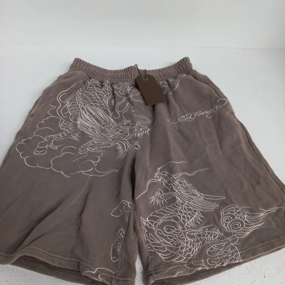 ED HARDY MEN'S BATTLE DRAGON DIRTY WASH JOGGER SHORTS – BROWN, SIZE S