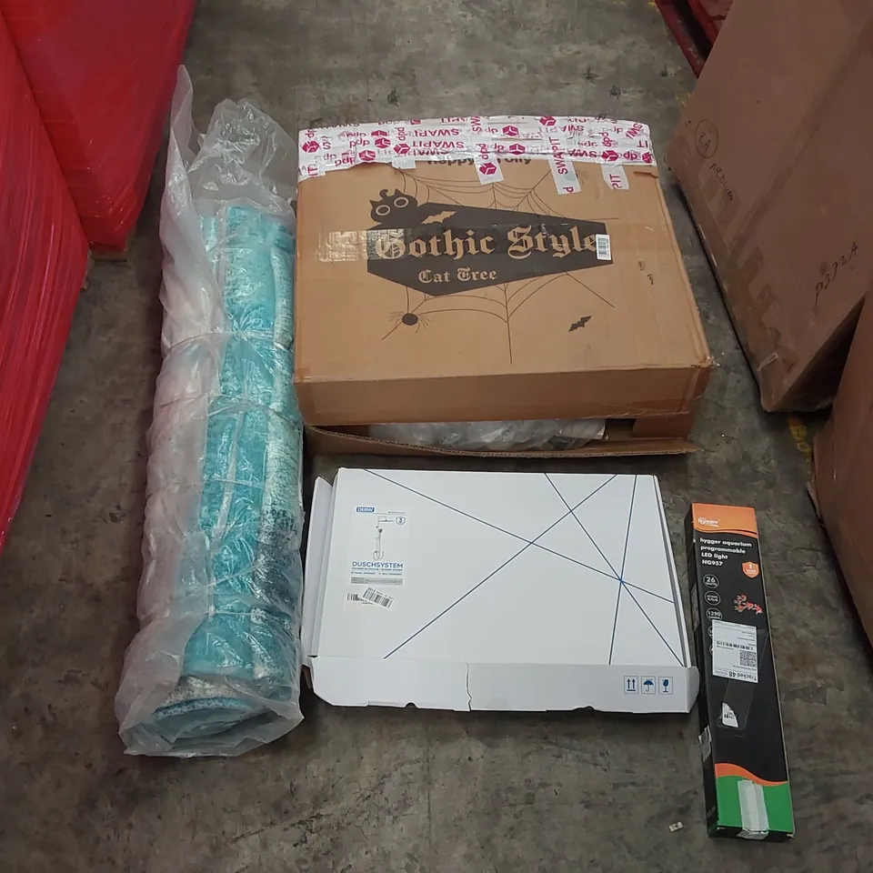 PALLET OF ASSORTED ITEMS INCLUDING: OFFICE CHAIR, GOTHIC STYLE CAT TREE, SHOWER SYSTEM, RUG, LED LIGHT AQUARIUM ECT