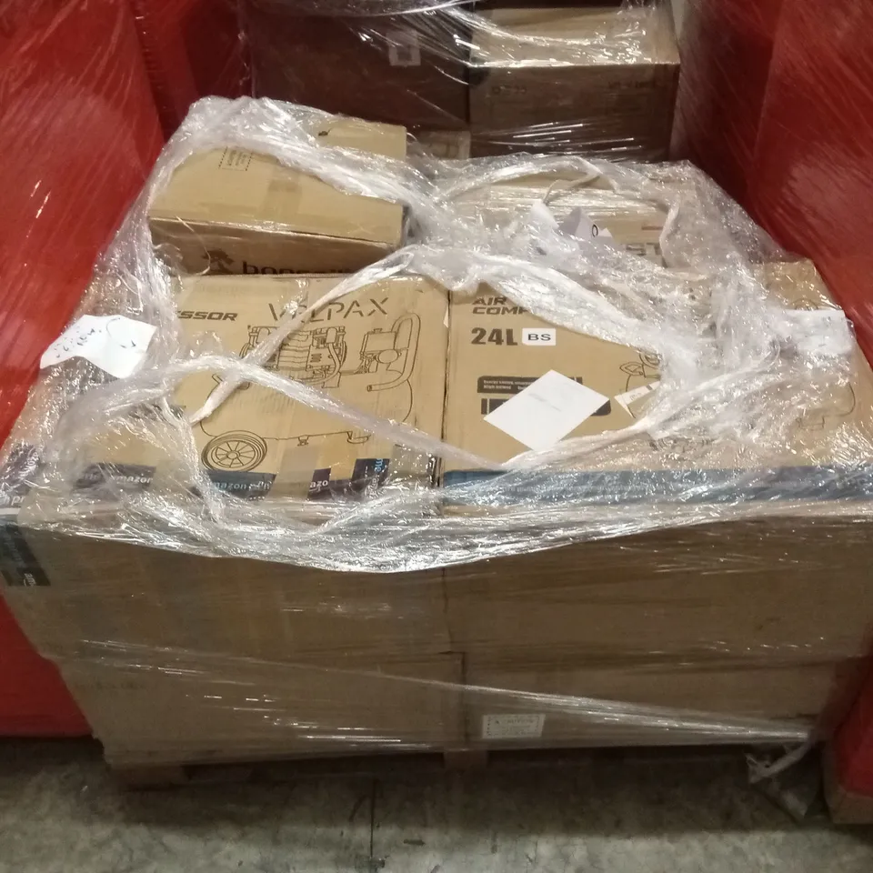 PALLET OF ASSORTED HOUSEHOLD GOODS AND PRODUCTS TO INCLUDE; AIR COMPRESSORS AND PAPER SHREDDER ETC