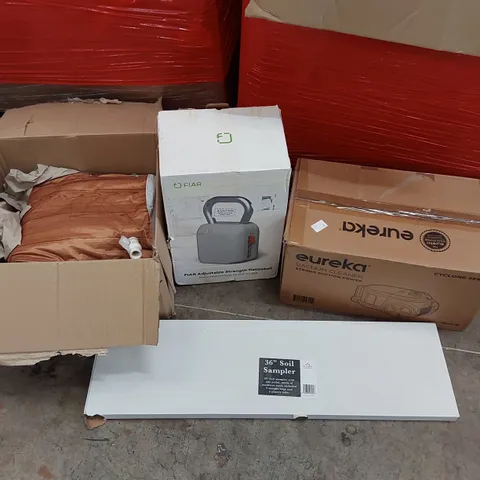 PALLET OF ASSORTED ITEMS INCLUDING: VACUUM CLEANER, ADJUSTABLE KETTLEBELL, CHAIRS, SOIL SAMPLER