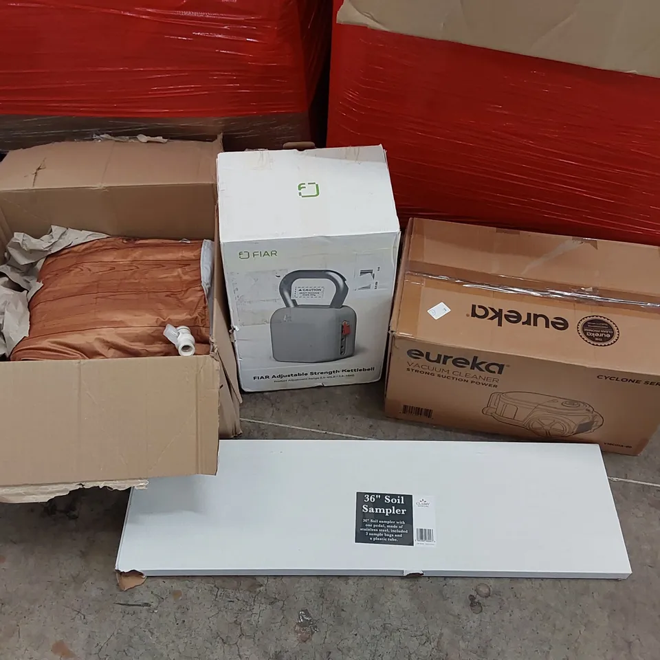 PALLET OF ASSORTED ITEMS INCLUDING:  VACUUM CLEANER, ADJUSTABLE KETTLEBELL, CHAIRS, SOIL SAMPLER
