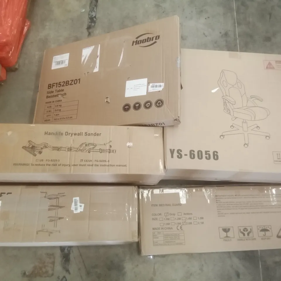 PALLET OF ASSORTED ITEMS INCLUDING OFFICE CHAIR, HOMIDEC DRYING RACK, BED RAIL GUARD, HANDIFE DRYWALL SANDER, SIDE TABLE, SEKEY PARASOL BASE