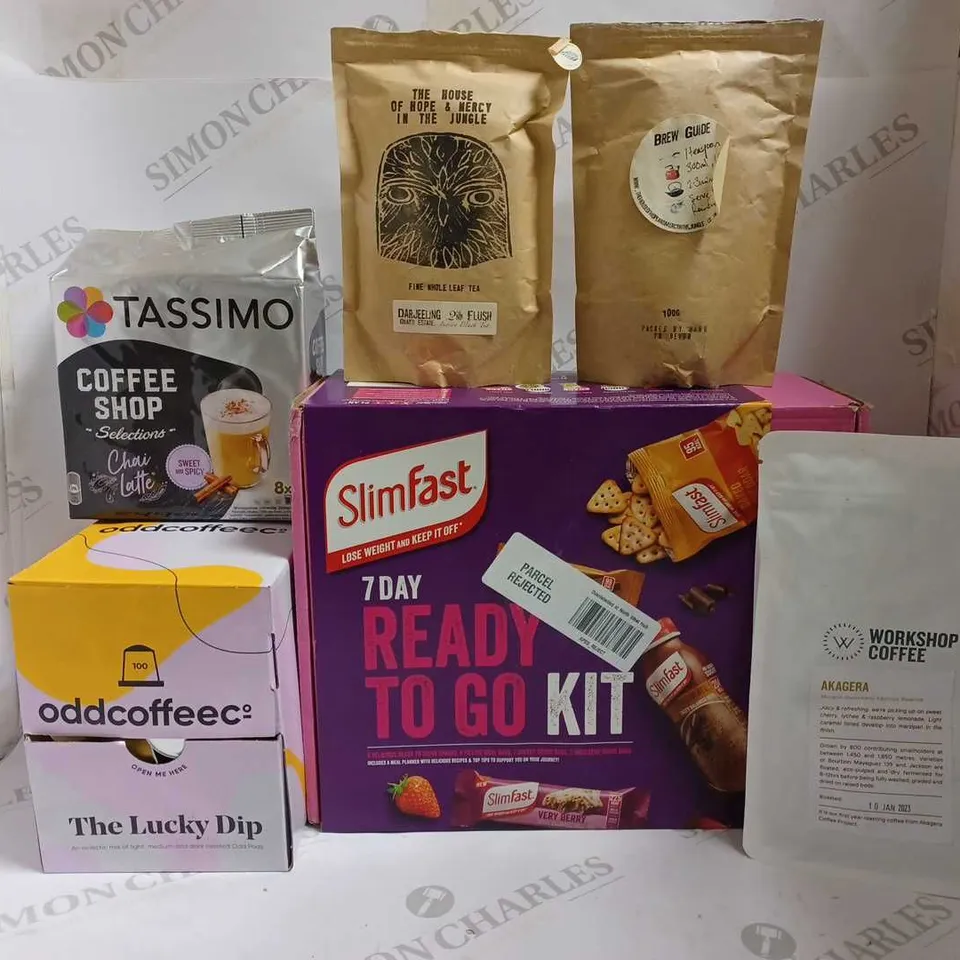 LOT OF 6 ITEMS TO INCLUDE SLIM FAST 7 DAY STARTER KIT, TASSIMO COFFEE SHOP SELECTIONS (CHAI LATTE), ODDCOFFEE THE LUCKY DIP, ETC