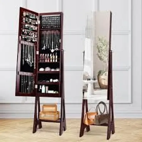 BOXED COSTWAY COFFEE FREESTANDING MIRROR WITH JEWELLERY CABINET 32 X 110cm