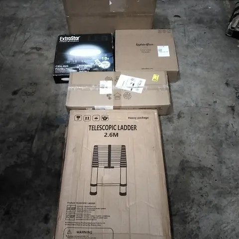 PALLET OF HOUSEHOLD ITEMS TO INCLUDE VIBRATION PLATE EXCERISE MACHINE, CEILING PANEL, WREATH, CEILING LIGHT,  TELESCOPIC LADDER AND OTHER ASSORTED ITEMS...