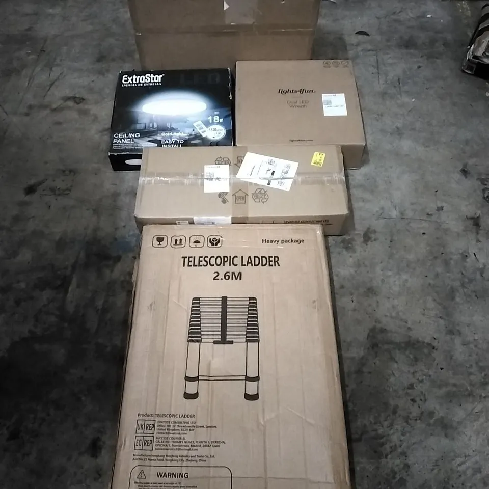 PALLET OF HOUSEHOLD ITEMS TO INCLUDE VIBRATION PLATE EXCERISE MACHINE, CEILING PANEL, WREATH, CEILING LIGHT,  TELESCOPIC LADDER AND OTHER ASSORTED ITEMS...