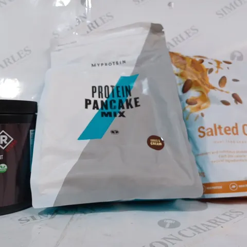 APPROXIMATELY 5 ASSORTED FOOD & DRINK ITEMS TO INCLUDE THE FAST 800 SALTED CARAMEL REAL FOOD SHAKE, PROTEIN PANCAKE MIX, BLDR HYDRATION ENHANCEMENT, ETC