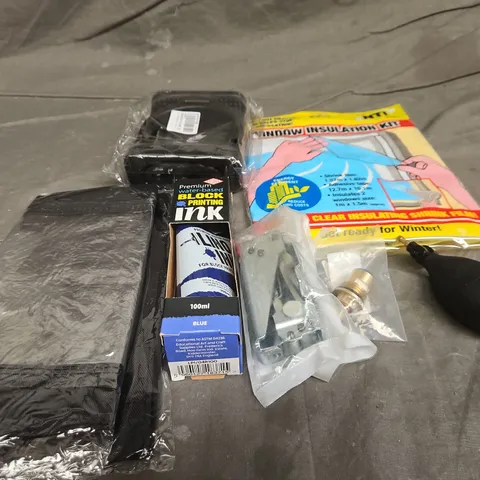 TOTE OF APPROXIMATELY 10 ASSORTED HOUSEHOLD ITEM TO INCLUDE WINDOW INSULATION KIT, BLOCK PRINTING INK