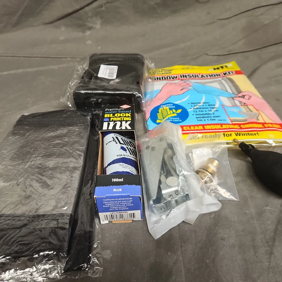 TOTE OF APPROXIMATELY 10 ASSORTED HOUSEHOLD ITEM TO INCLUDE WINDOW INSULATION KIT, BLOCK PRINTING INK